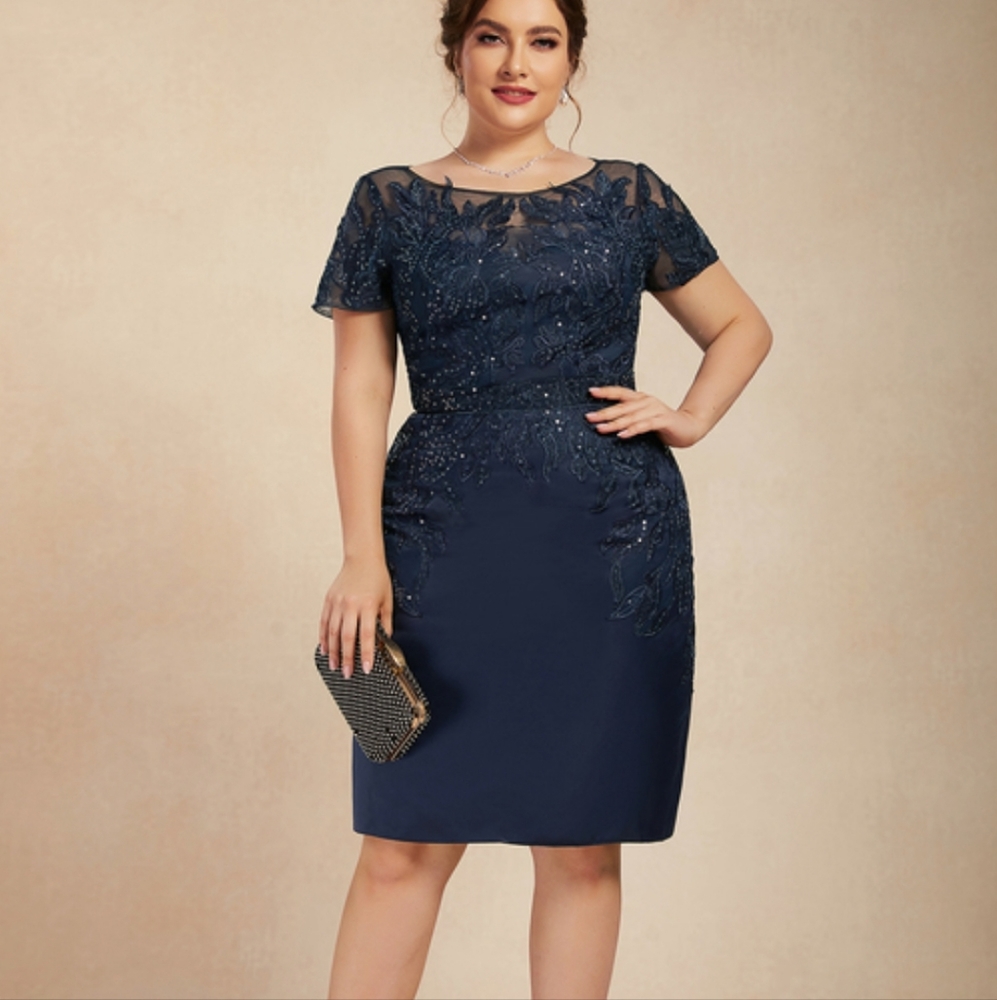 JJ's House Sheath/Column Scoop Knee-Length Satin Lace Mother of the Bride Dress